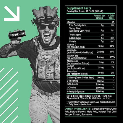 Echelon Pre-Workout Energy Drink | Watermelon Thai Chili | 12 Pack | Sustained Energy, Focus and Endurance Dietary Supplement | 300mg of Caffeine | Beta-Alanine, L-Theanine & Fiber | Vegan