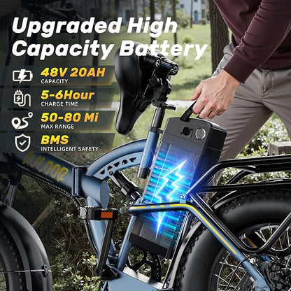 1000W Folding Electric Bike, 48V 20AH Large Removable Battery E Bike,30+MPH, 80 Miles Max Range, 20" Fat TireElectric Bike for Adults, Adult Electric Bicycles for CommuteBeach Snow