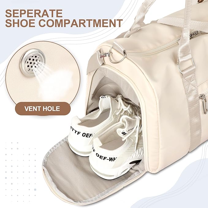 FIORETTO Womens Gym Tote Duffle Bag with Wet Pocket & Shoe Compartment, Sports Duffel Overnight Weekender Hospital Workout Carry on Bag for Girls, Ideal for Travel, Swimming, Dance, Ballet Beige