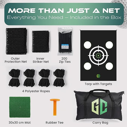 GrdnCare Golf Hitting Net 10x10x10ft – Golf Practice Net with Silent Target Tarp, Mat & Tee with Carry Bag (No Metal Frame) – Indoor Practice for Backyard or Garage & Outdoors