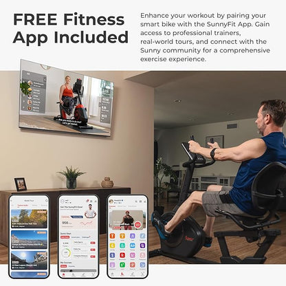 Sunny Health & Fitness Smart Heavy-Duty Recumbent Bike w/Wide Cushioned Seat & Back, Indoor Cycling Machine for Adult/Seniors Home Exercise, Free SunnyFit App Connect, Optional Workout Training Bands