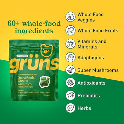 Gruns Adult Sugar-Free Super Greens Gummies, Superfood Gummy Bears with Spirulina, Chlorella, Fiber & Prebiotics for Digestive Health, Adaptogens Supplement with 20 Vitamins & Minerals, 28 Packets