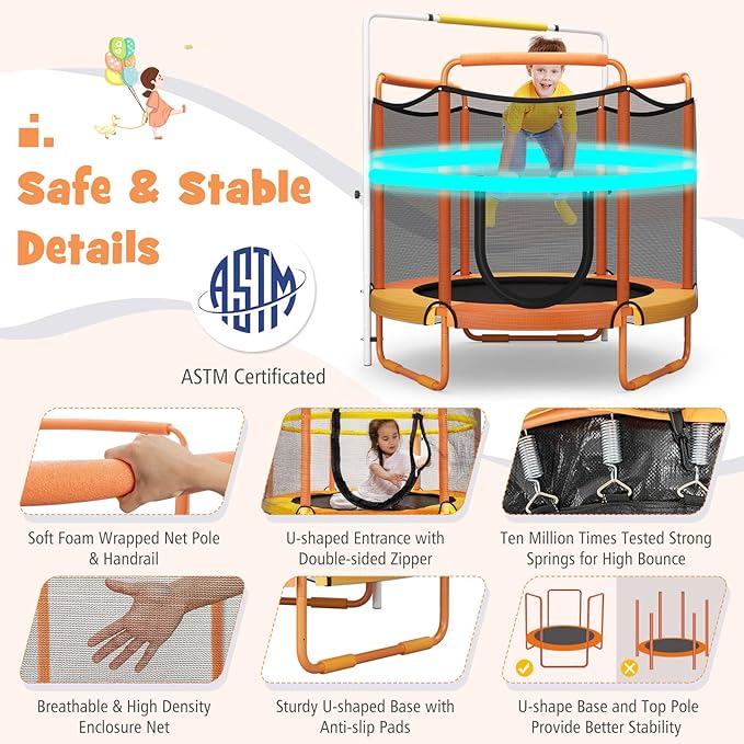 GYMAX 5FT Trampoline for Kids, ASTM Approved with Safety Net & Kitten Trapeze Rings, Indoor/Outdoor