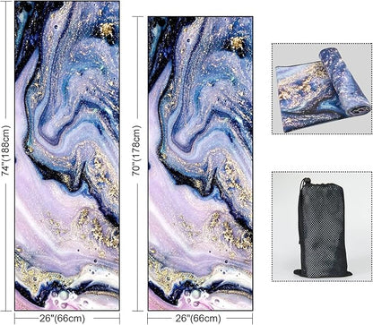 QiyI Yoga Mat Towel with Corner Pockets, Non Slip Sweat Absorbent Hot Yoga Towels, Soft Yoga Blankets with Travel Bag, Skidless Mat Cover for Workout, Gym, Fitness - 70"x26", Purple Gold Marble