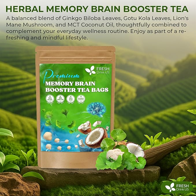 FreshDrinkUS, Memory Brain Booster Herbal Tea – 40 Tea Bags – Ginkgo Biloba, Gotu Kola, Lion's Mane & MCT Coconut Oil – Smooth, Earthy Flavor – Caffeine-Free – Daily Herbal Blend for Anytime Use