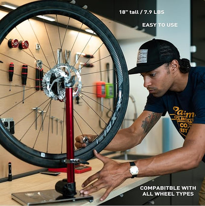 FEEDBACK SPORTS | Pro Truing Stand with Thru Axle Adapter | Compact and Portable Lightweight Aluminum | Integrates With Repair Stand | Precision Spring-Loaded Tip Verifies Lateral True