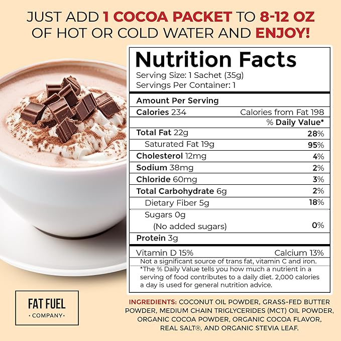 Fat Fuel Keto Cocoa 22g Premium Fats - with Grass Fed Butter, MCT Oil, Coconut & Redmond Real Salt - Instant Organic Cocoa, One Net Carb, A True Meal Replacement - 15 Servings