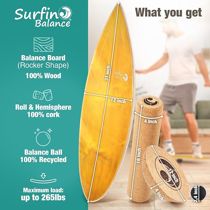 Board - unique board incl. corc roller, corc hemisphere and balance ball - surf balance board - balance training - balance board kids - balance board wood