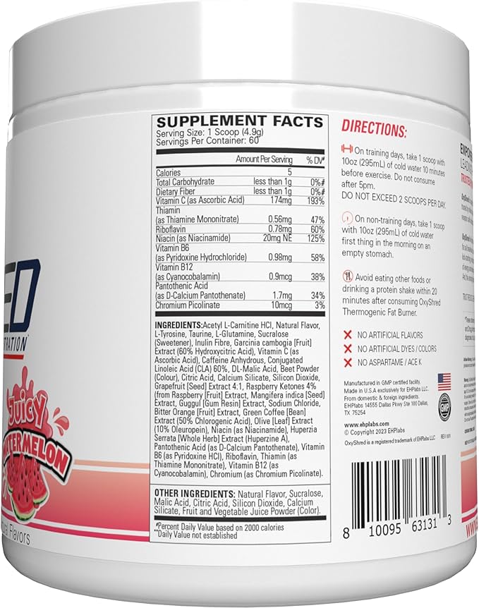 EHP Labs OxyShred Pre Workout Powder - Preworkout Powder with L Glutamine & Acetyl L Carnitine, Energy Boost Drink - Juicy Watermelon, 60 Servings
