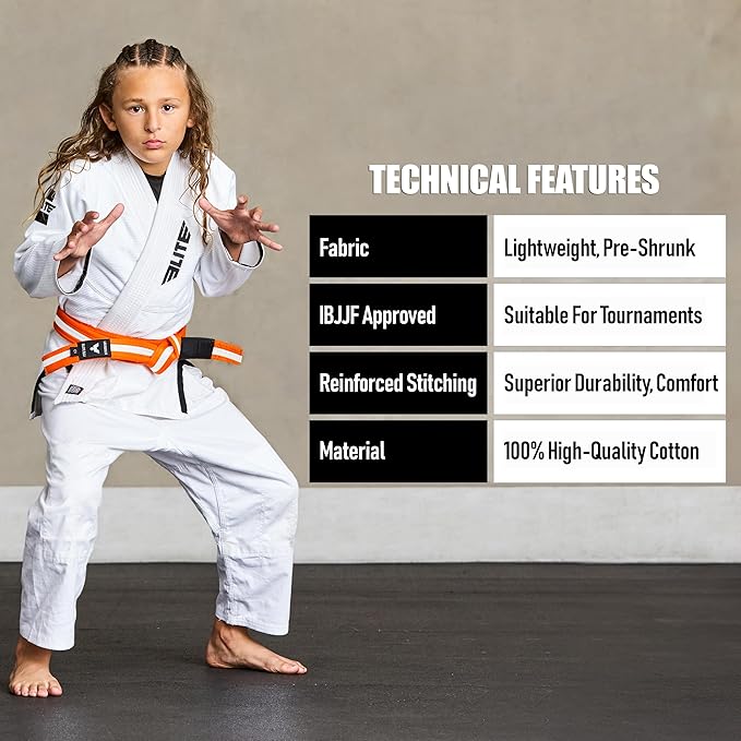 Elite Sports Kids Brazilian Jiu Jitsu Belts Preshurunk Martial Arts Youth BJJ Belts for Girls & Boys with BJJ Ranking Stripes