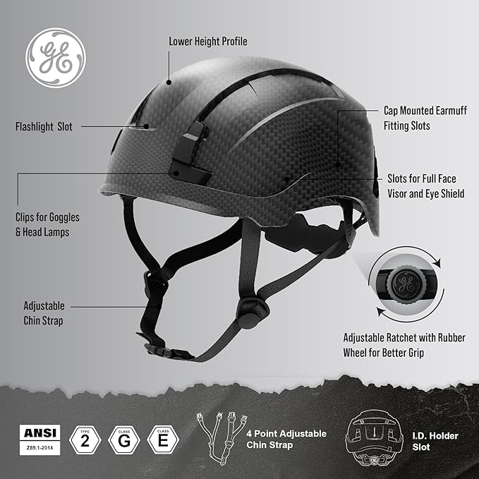 GE Safety Helmet: ANSI Type 2 Class G & E, Advanced Impact Technology, Ultra Comfortable Memory Foam, Heat Stress Reduction, Compatible with Accessories, Adjustable Size OSHA Approved