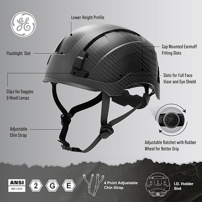 GE Safety Helmet: ANSI Type 2 Class G & E, Advanced Impact Technology, Ultra Comfortable Memory Foam, Heat Stress Reduction, Compatible with Accessories, Adjustable Size OSHA Approved