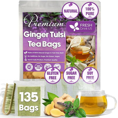 FreshDrinkUS, Premium 135 Ginger Tulsi Tea Bags, 100% Natural, Hand-made Blend of Ginger and Tulsi Holy Basil Leaves, Eco-conscious Tea Bags. Ginger Tulsi Herbal Tea. No Sugar, No Caffeine, Vegan.