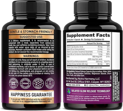 Iron Supplement for Women - Iron 65mg (Ferrous Sulfate 325mg) - Stomach Friendly | Slow Release Iron | High Absorption - Vitamins C, D3, B6, B12 & Folate - Iron Level & Energy Support - 60 Capsules