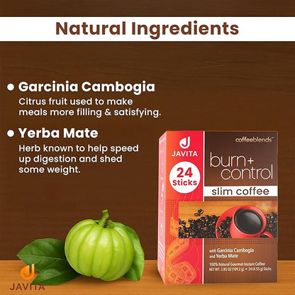 Javita Burn + Control Instant Coffee w Weight Management Herbs: Garcinia Cambogia & Yerba Mate - Slim Coffee with Help of Exercise, Keto Coffee for Diet Support, 1 box - 24 (4.55g) Sticks