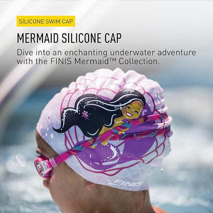 FINIS Mermaid Kids Swim Cap - 100% Silicone - Fun Prints - Universal Fit - Chlorine Protection