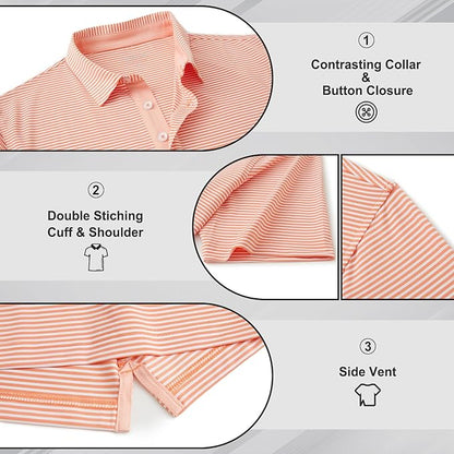 Golf Shirts for Men - Moisture Wicking Short Sleeve Performance Sport Casual Striped Collared Mens Polo Shirt