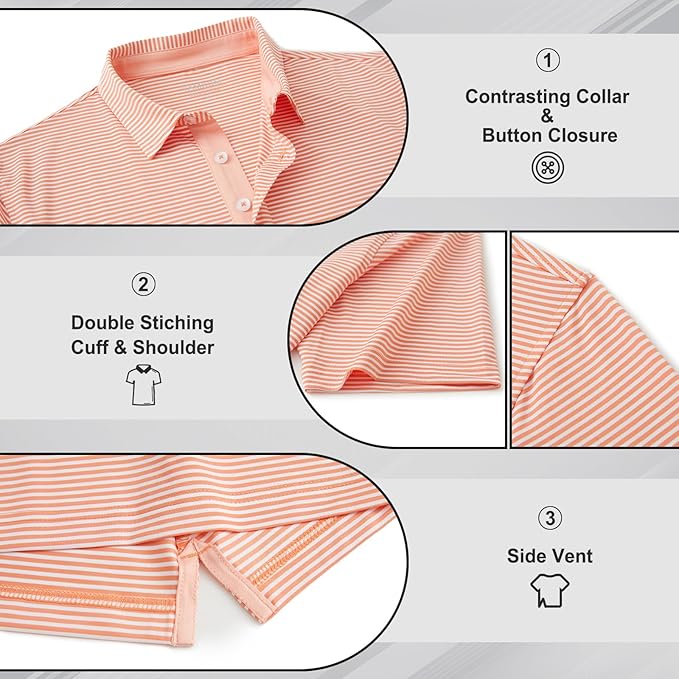 Golf Shirts for Men - Moisture Wicking Short Sleeve Performance Sport Casual Striped Collared Mens Polo Shirt