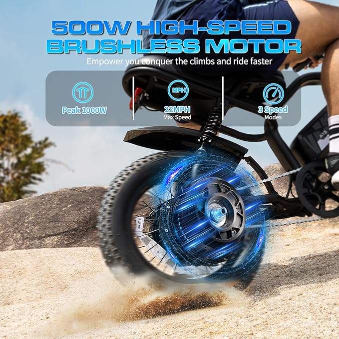 Electric Bike, 16'' Fat Tire eBike for Teens/Adults, 500W E-Bike with 36V/12.8Ah Removable Battery, 22MPH 45 Mile Range Commuting Electric Mountain Bike with Dual Dual Brakes