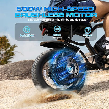 Electric Bike, 16'' Fat Tire eBike for Teens/Adults, 500W E-Bike with 36V/12.8Ah Removable Battery, 22MPH 45 Mile Range Commuting Electric Mountain Bike with Dual Dual Brakes