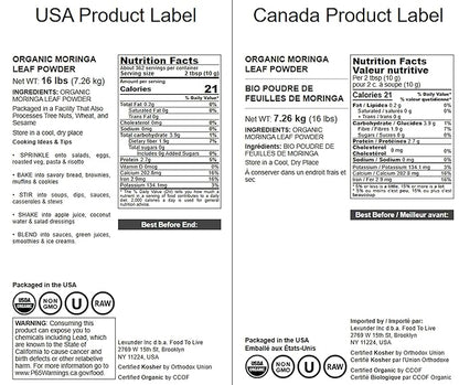 Food to Live Organic Moringa Leaf Powder, 16 Pounds - Non-GMO, Kosher, Raw, Vegan, Bulk, Ground Moringa Oleifera Leaf, Sun-Dried, Great for Drinks, Teas and Smoothies