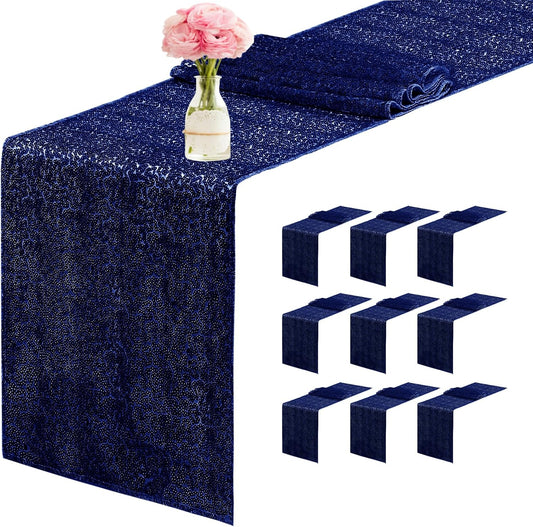 10 Packs 12 x 72 inches Sequin Table Runner, Navy Blue Glitter Table Runner for Birthday Party Supplies Wedding Engagement Baby Shower Holiday Celebration Event Decorations