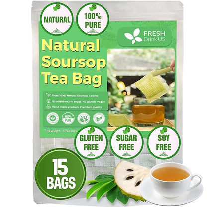 FreshDrinkUS, 15 Premium Soursop Graviola Leaf Tea Bags, 100% Natural and Pure from Soursop Leaves, Handmade, Made With Natural Materials-Corn Fiber Tea Bag, Sugar/ Caffeine/ Gluten Free, Hoja Guanabana Tea