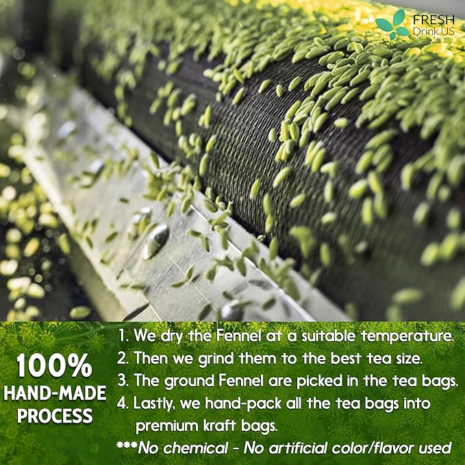 FreshDrinkUS, Premium 75 Fennel Seed Tea Bags – 100% Natural & Pure, Handmade Herbal Tea, Eco-Friendly, Fresh Aroma, Made with Natural Material Tea Bags. No Sugar, No Caffeine, No Gluten, Vegan.