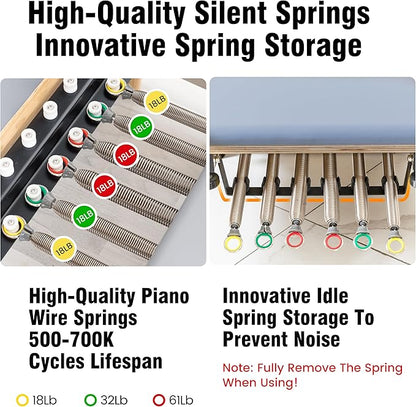 Foldable Wooden Pilates Reformer Machine with Ultra-Fiber Leather Seat, Oak Frame, Adjustable Resistance, Full-Size for Heights 4’ to 5’9”, Home and Studio Use, 480lbs Capacity