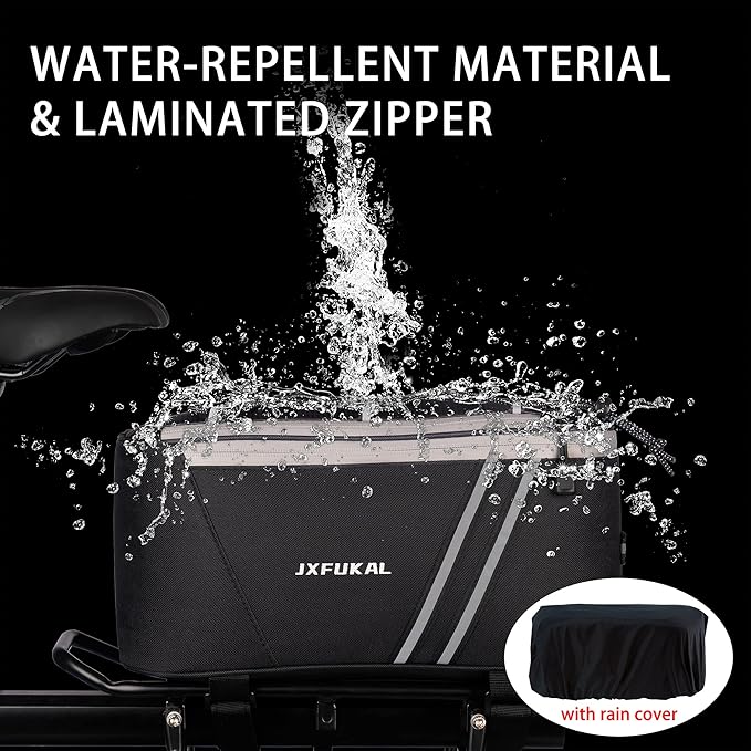 JXFUKAL Rear Bike Rack Bag with Rain Cover, 7L/9L/10L/12L Waterproof Bicycle Ebike Saddle Bag Cycling Pannier Trunk Carrier with Reflector & Adjustable Cord for Commuter Travel Outdoor