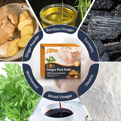 2 in 1 Foot Pads, 20 Pads Tear and Use Pure Ginger Bamboo Wormwood Foot Pads, Bigger Adhesive ''Stay in Place'' Goodnight Pads