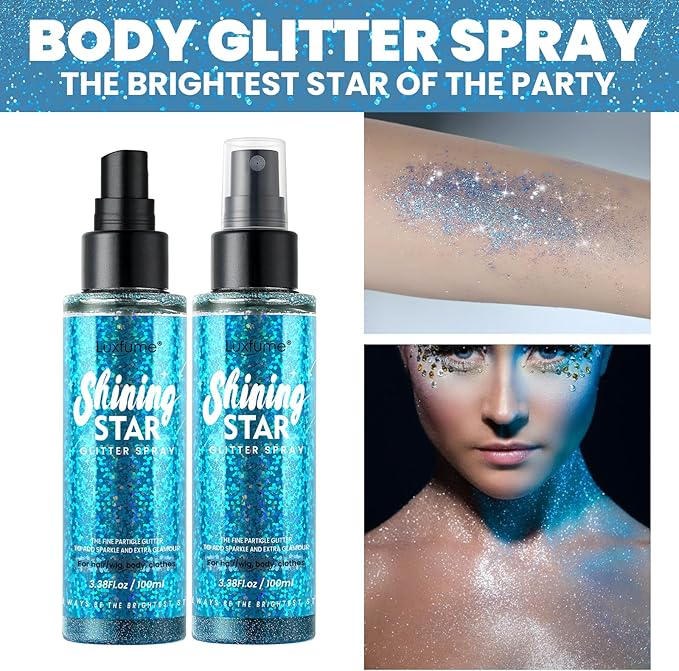 Body Glitter Spray & Glitter Hairspray - Ultra Shiny, Long - Lasting, Quick - Dry & Waterproof. Clog - Resistant Nozzle. Perfect for Parties, Dances and All Glamourous Occasions Bule