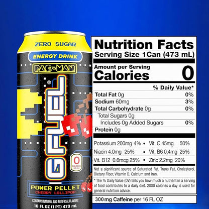 G Fuel Energy Drink, Cherry Lollipop, Sugar Free Beverage with 140mg Caffeine, Daily Energy Boost with Focus Amino, Vitamin + Antioxidants, 16 oz Cans (Pac-Man Power Pellet, 12-Pack)