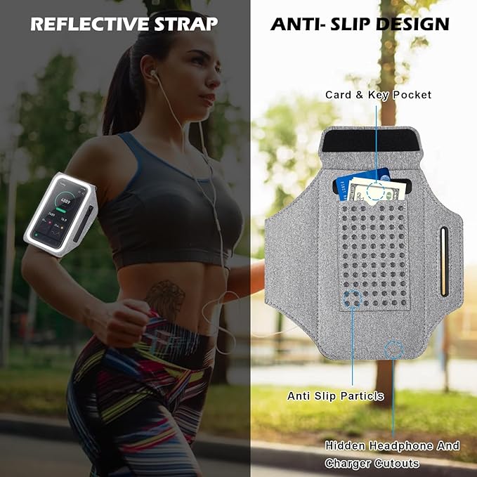 GUZACK Running Armband Case for iPhone 16/15/14/13/12/11 Pro Max, Galaxy S25/S24/S23/S22, Universal Cell Phone Arm Holder with Key Pocket & Card Slot, Gray