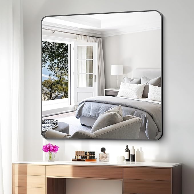 48x48 inch Bathroom Mirror,Black Rectangle Mirror,Wall Mounted Bathroom Frame Vanity Mirror with Round Corner for Bedroom Living Room,Entryway Hangs Horizontal or Vertical