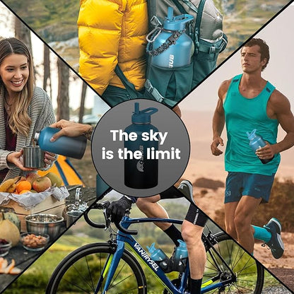 Insulated Water Bottle 64 oz, Triple Wall Vacuum Stainless Steel(Cold for 48 Hrs),Leak Proof & BPA-Free,Half Gallon Water Bottle with Reflective Paracord & Flip Straw for Sports & Travel, Indigo-Black