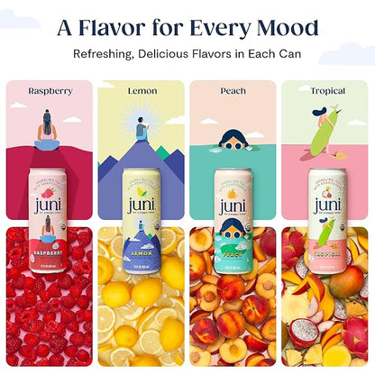 Juni Sparkling Adaptogen Drink with Ashwagandha, Lion’s Mane & Reishi Mushrooms | Green Tea for Focus, Zero Sugar, 5 Calories, Organic | Non Alcoholic Drinks - Peach 12 pack