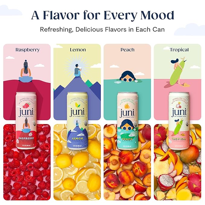 Juni Sparkling Adaptogen Drink with Ashwagandha, Lion’s Mane & Reishi Mushrooms | Green Tea for Focus, Zero Sugar, 5 Calories, Organic | Non Alcoholic Drinks - Raspberry 12 pack