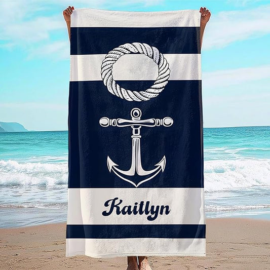 JML Personalized Beach Towel with Name, Custom Anchor Beach Towel, Customized Microfiber Pool Towel, Quick Dry & Absorbent Swim Towel for Adult,Mother's Day, Birthday, Summer Holiday,Vacation
