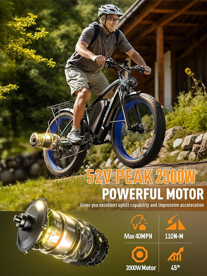 Ebike for Adults Electric, 52V 19.2Ah/32Ah, Peak 2000W/2500W E-Bike, 36/40MPH, 70 Miles/100Miles Long Range, Hydraulic Disc Brake, Off Road Snow Mountain E-Bike, 24"/26" Fat Tire Fast Electric Bicycle