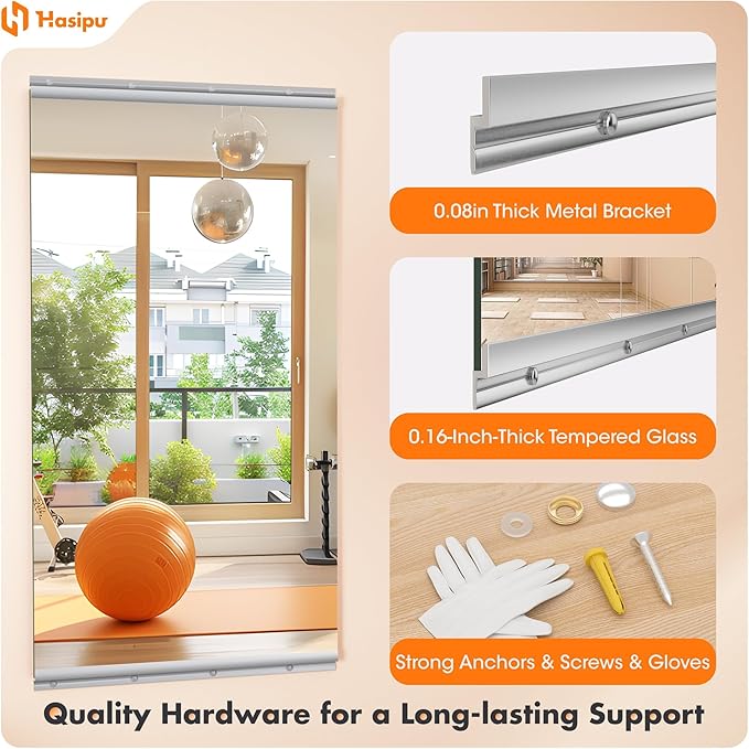 Hasipu Home Gym Mirror 48" L x 24" W - 4PCS Large Full Body Mirror for Yoga, Wall-Mounted Mirrors for Fitness, Garage, Dance Studio, 0.16in Tempered Glass Frameless