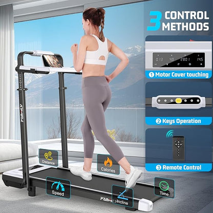 Walking Pad Treadmill with Desk Workstation, 10% Incline Foldable Treadmill with Handrail, 300lbs Capacity, 3 Control Methods, 8 in 1 Folding Treadmills for Home Office