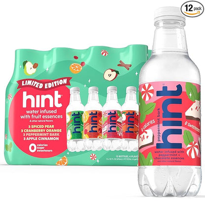 Hint Fruit-Infused Bottled Water, Winter Variety Pack - Sugar Free Flavored Water with Zero Calories, Naturally Flavored, and No Artificial Sweeteners - 16 Fl Oz (Pack of 12)
