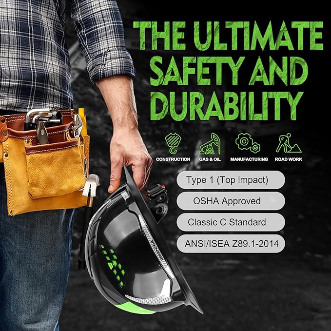 GREEN DEVIL Matrix Full Brim Hard Hat with Headlight Vented Construction Safety Helmet OSHA Approved Cascos De Construccion Work Hardhat for Men&Women