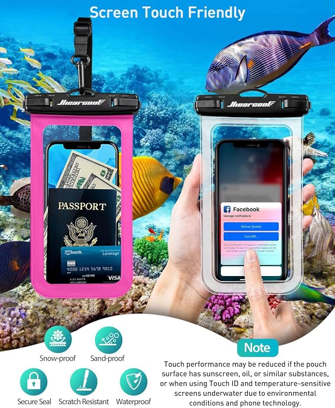 Hiearcool Universal Waterproof Phone Pouch,IPX8 Cell Phone Waterproof Case Up to 8.3" for iPhone 17 16 15 14 13 Pro Max,Beach Essentials Vacation Must Haves-Clear&Bright Red-2Pack