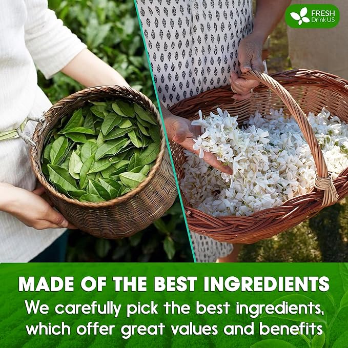 FreshDrinkUS, Premium 20 Tea Bags of Jasmine Green Tea, 100% Natural. Exquisite Flavor, Handpicked Leaves, Perfect for Tea Lovers. No Sugar, No Gluten, Vegan.