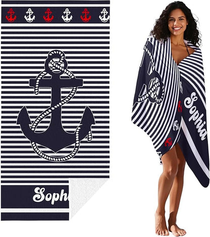 JML Personalized Beach Towel with Name, Custom Anchor Beach Towel, Customized Microfiber Pool Towel, Quick Dry & Absorbent Swim Towel for Adult,Anniversary, Birthday, Summer Holiday,Vacation