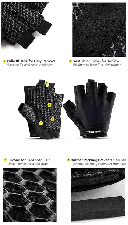 Fitgriff® Workout Gloves (Padded) for Men & Women - Fingerless Gym Gloves for Weight Lifting, Training - Full Palm Protection