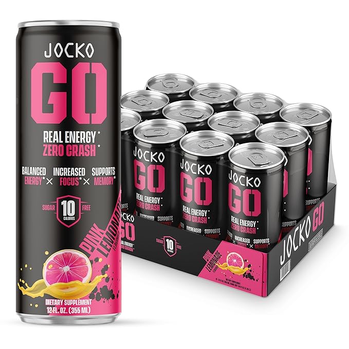 Jocko GO Energy Drink - Keto, Vitamin B12, Vitamin B6, Electrolytes, L Theanine, Magnesium- Energy Boost, Sugar Free Nootropic Monk Fruit Blend - 12 Pack (Pink Lemonade)