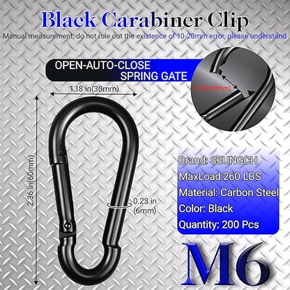 200Pcs 2.36" Heavy Duty Snap Hook Carabiners - M6 Galvanized Steel Quick Links for Keys, Hammocks, Swings, Outdoor Gear - Camping, Hiking, Fishing (Black)